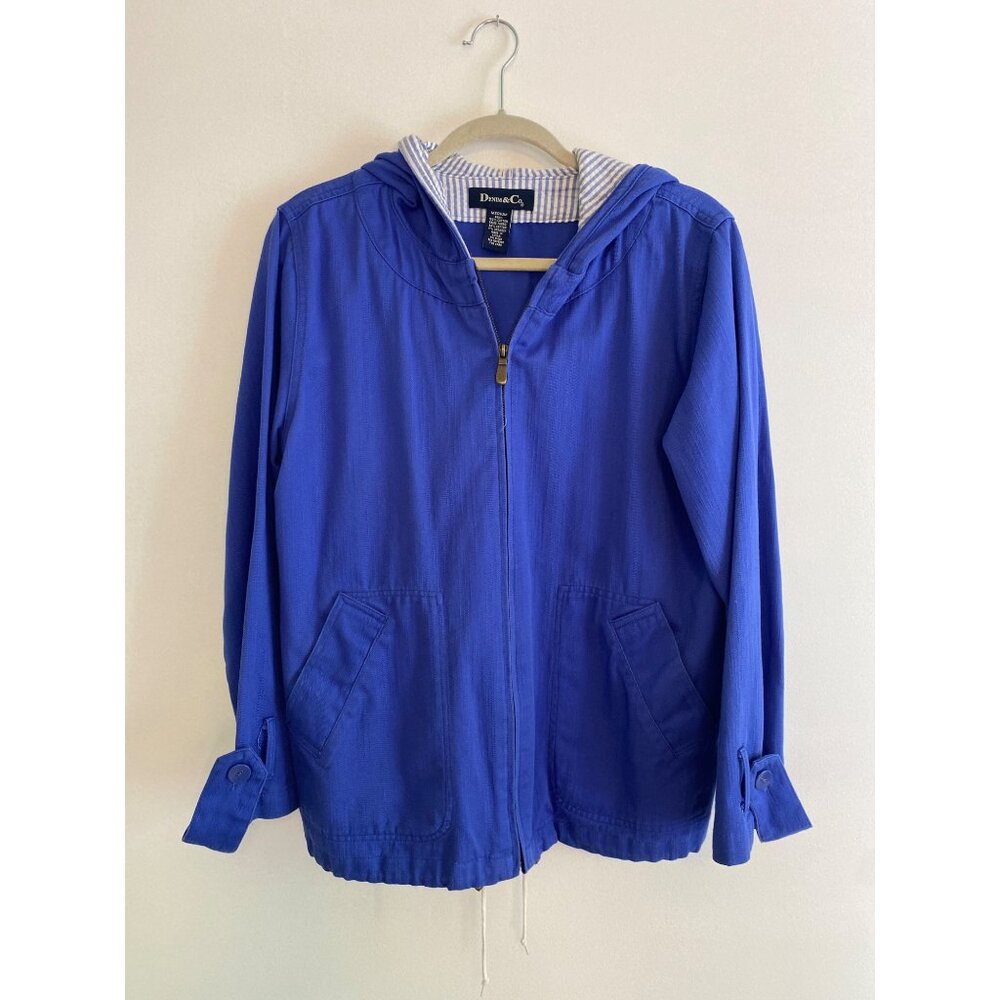 Denim & Co. Blue Hooded Zip-Up Jacket With Striped Lining Medium 100% Cotton - Picture 1 of 8